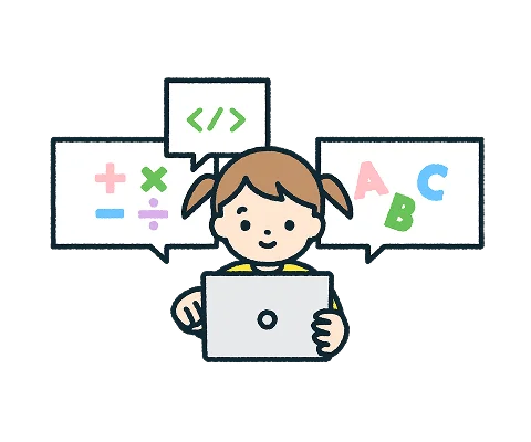 数学、コーディング、英語をタブレットで学ぶ子供のイラスト